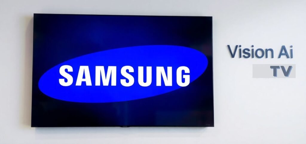 A Samsung TV displaying the brand logo prominently against a white wall, alongside the text "Vision Ai TV."