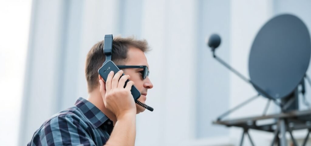 A man wearing a headset communicates while standing near a large satellite dish against a blurred background.