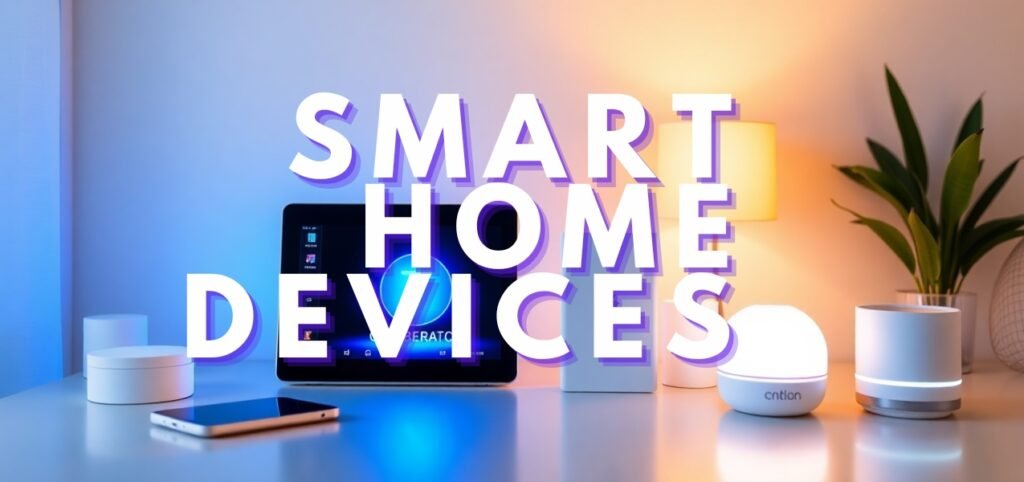 A stylish arrangement of smart home devices, including a tablet, phone, lamps, and smart lights, with the text "Smart Home Devices" prominently displayed.