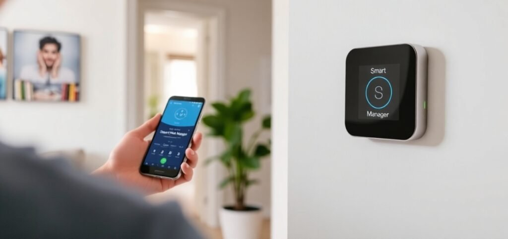 A person uses a smartphone to interact with a sleek smart home device mounted on a wall in a modern living space.