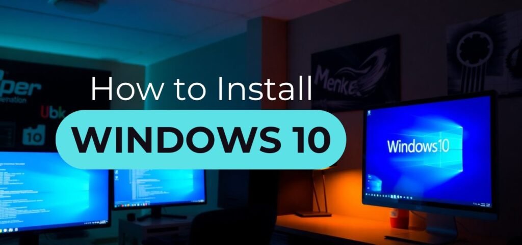 Graphic illustrating how to install Windows 10, featuring multiple monitors displaying the Windows 10 logo and installation screens.