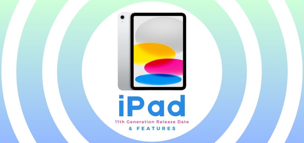 A graphic showcasing the 11th generation iPad, featuring its display and colorful design elements, with text on iPad 11th generation release date and features.