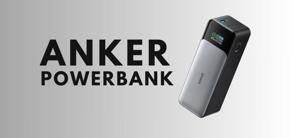 Anker power bank displayed with a sleek design, featuring a digital display and USB ports for charging devices.