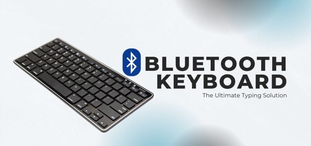 Black Bluetooth keyboard angled on a light background, captioned "Bluetooth Keyboard - The Ultimate Typing Solution."