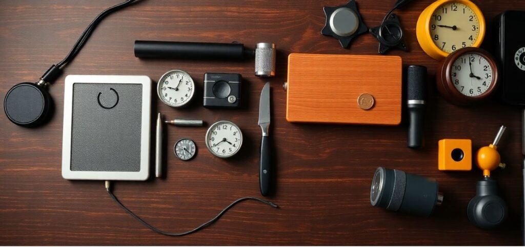 A collection of retro clocks, tools, a knife, and a wooden box arranged on a dark wooden surface.