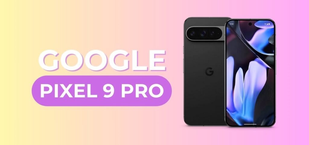 Image of a Google Pixel 9 Pro smartphone against a gradient background, showcasing its sleek design and vibrant display.