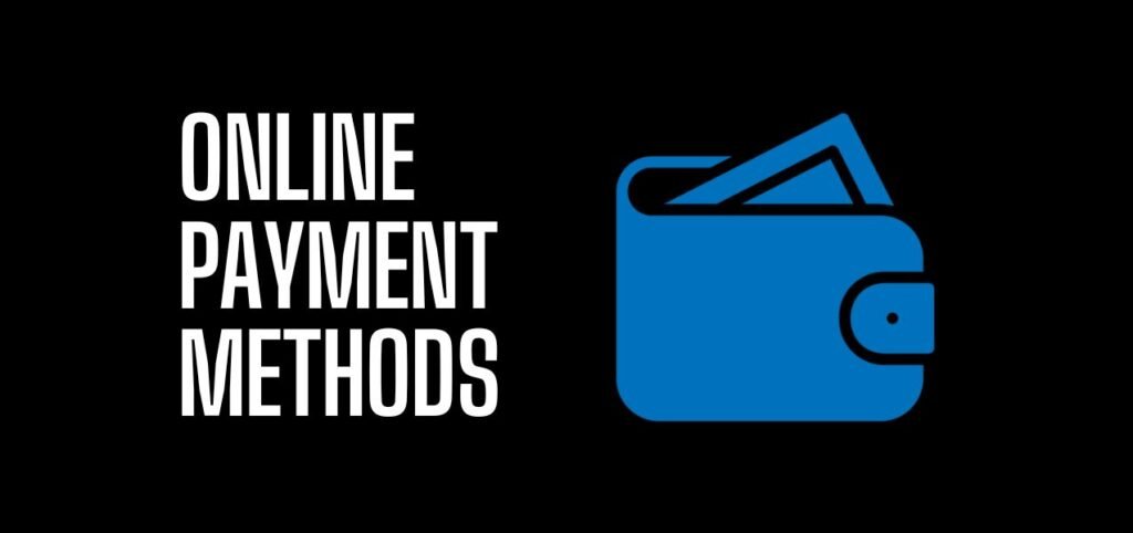 Graphic showing the text "Online Payment Methods" next to a blue wallet icon on a black background, symbolizing digital transactions.