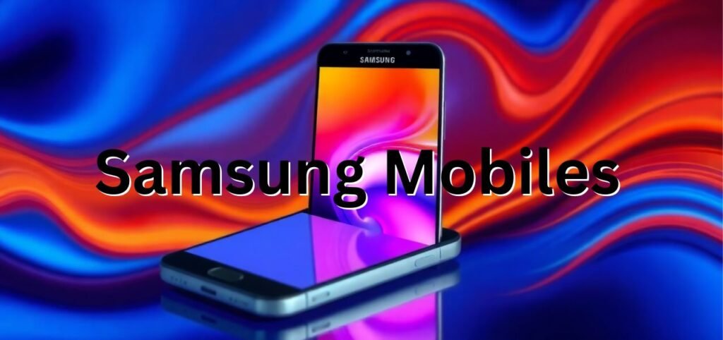 A Samsung smartphone is elegantly showcased against a vibrant blue and orange swirl background, with "Samsung Mobiles" prominently displayed.
