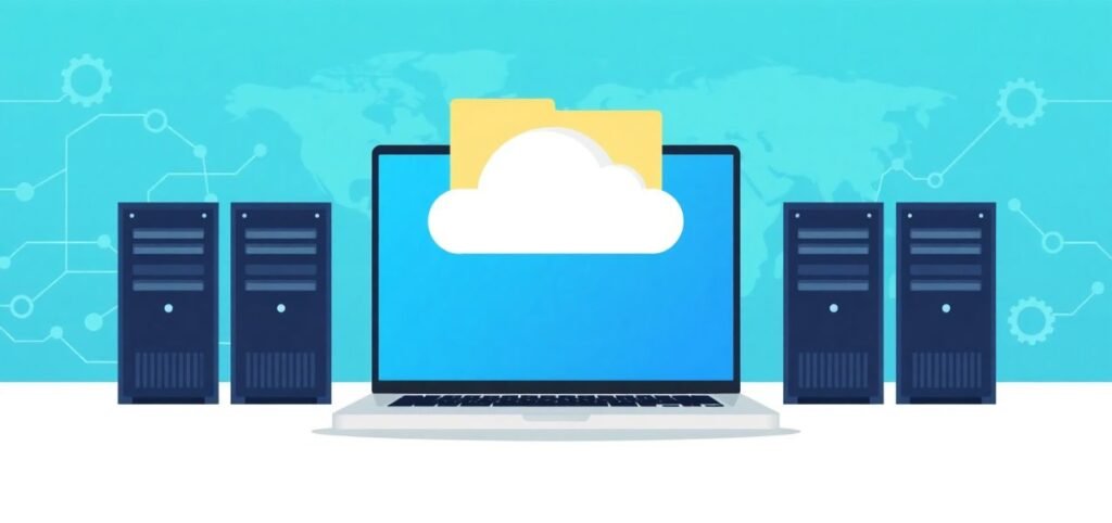 An illustration of a laptop displaying a cloud with a folder above it, surrounded by four server towers and a world map background.