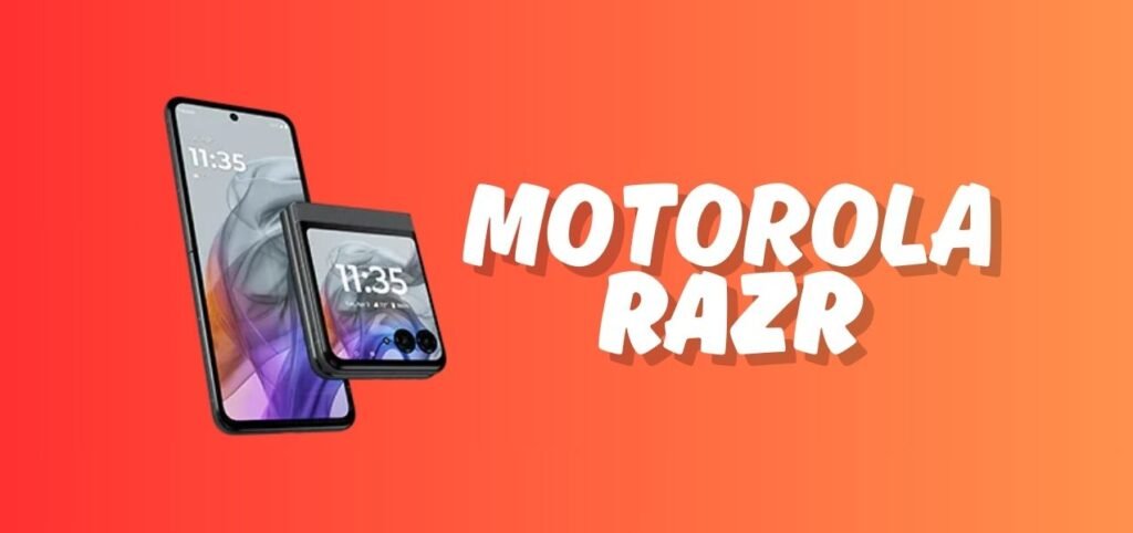 Two Motorola Razr smartphones are displayed against a vibrant orange background, showcasing their sleek designs and digital clocks.