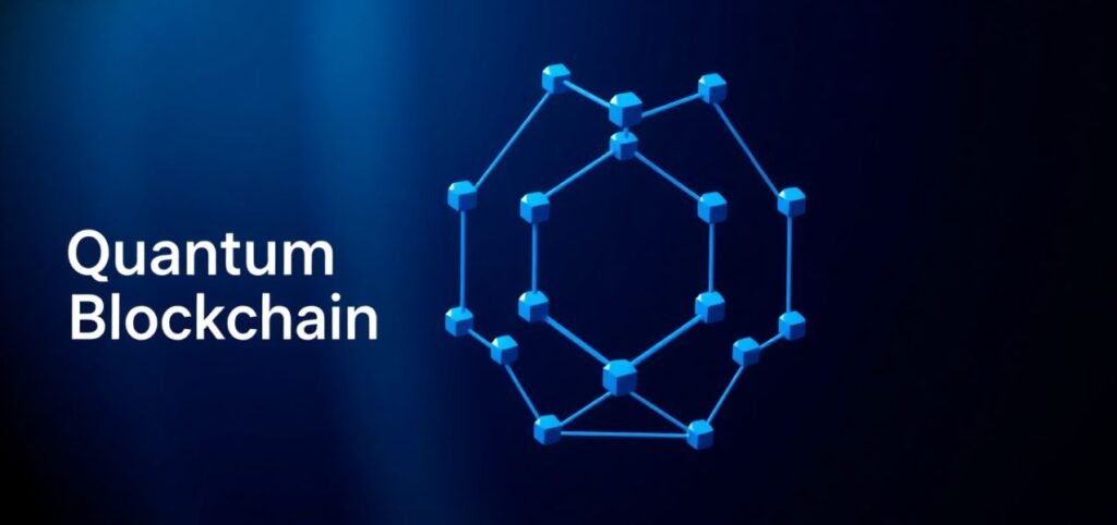 A blue, geometric network representing quantum blockchain, with the text "Quantum Blockchain" in white on the left side.