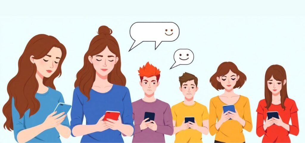 A diverse group of six young people stand together, each absorbed in their smartphones, with speech bubbles above them.