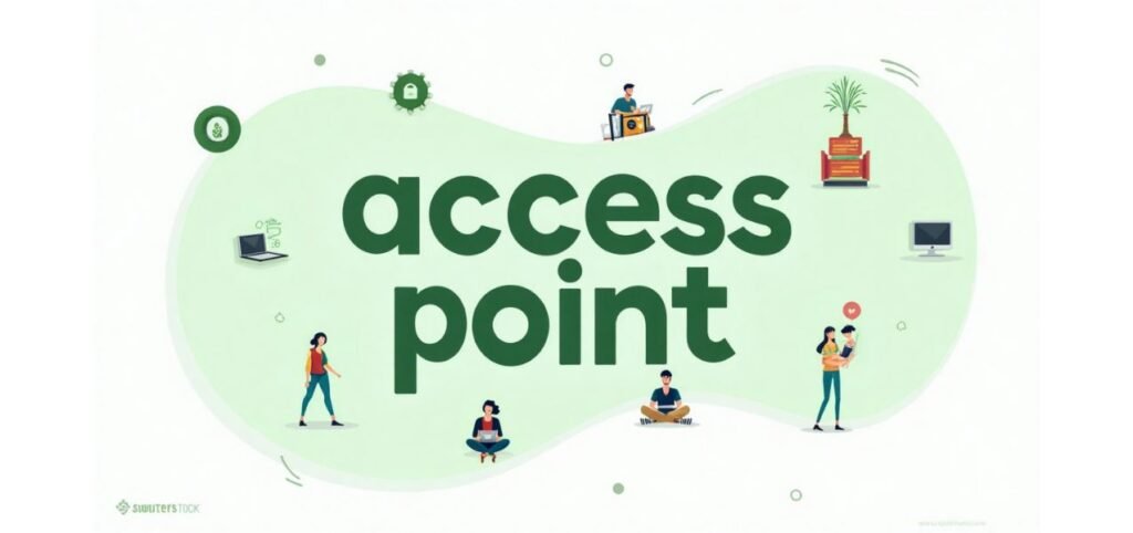 Illustration featuring the text "access point" surrounded by diverse individuals engaging with technology in a modern, green-themed design.