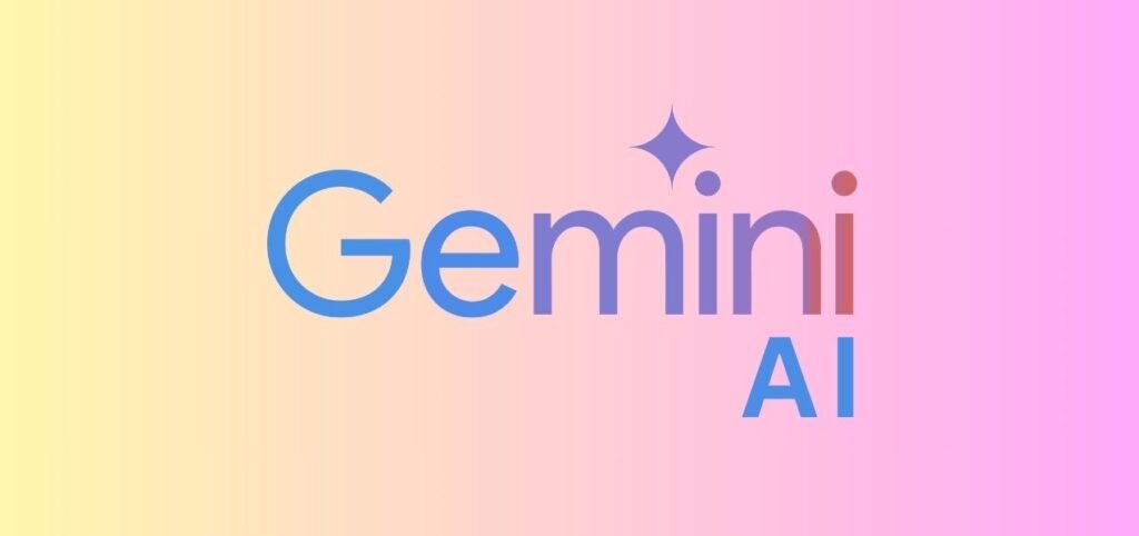 Gemini AI 1 Logo of "Gemini AI" in blue and pink gradient, featuring a sparkling star above the letter "i." Background fades from yellow to pink.