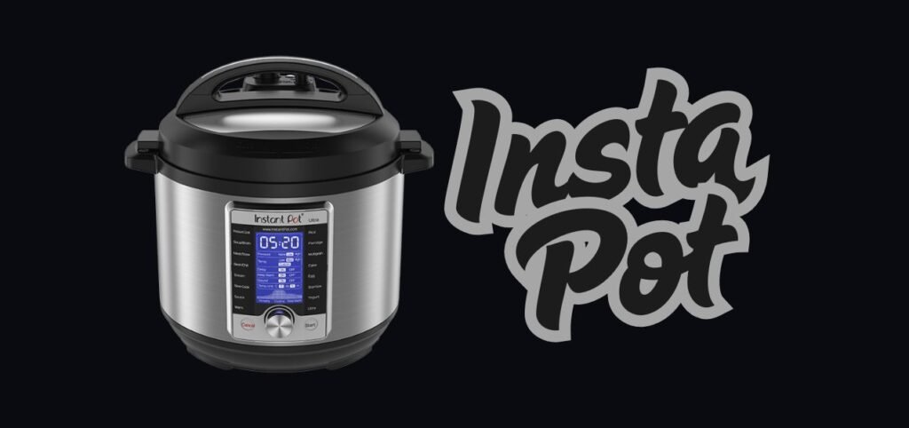A sleek Instant Pot with a digital display on a black background, featuring the brand name "Insta Pot" in stylish lettering.