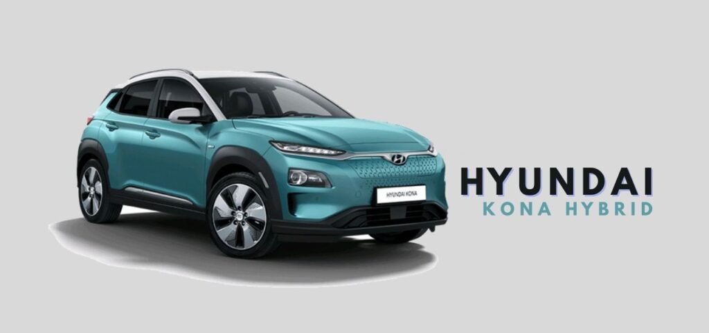 Kona 1 A blue Hyundai Kona Hybrid SUV is displayed, showcasing its modern design and branding on a gray background.