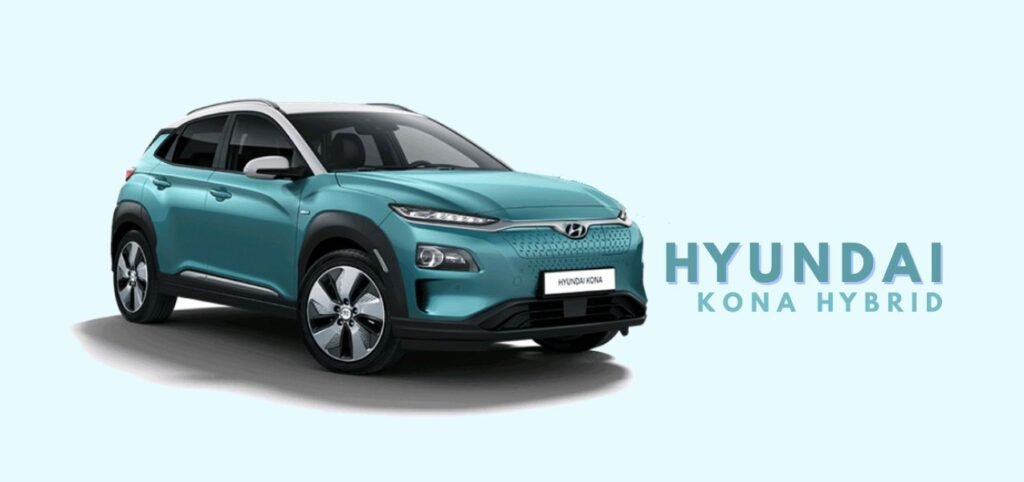 A turquoise Hyundai Kona Hybrid showcases its modern design against a soft blue background, highlighting its stylish curves and features.