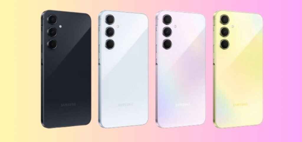 New Samsung 1 Four Samsung smartphones displayed against a gradient background, featuring black, white, iridescent, and yellow colors.