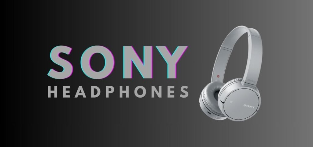 Sony H 1 Silver Sony headphones displayed alongside bold text reading "SONY HEADPHONES" on a sleek, dark gradient background.
