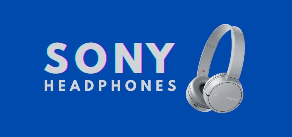 Silver Sony headphones on a vibrant blue background, showcasing wireless design with bold "SONY HEADPHONES" text.