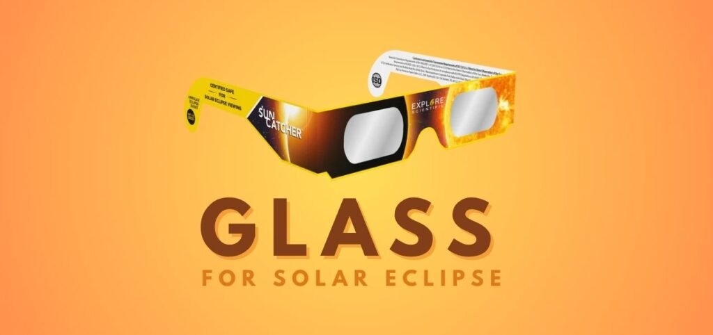 Image of solar eclipse glasses with bold text below reading "Glass for Solar Eclipse," set against a bright orange background.