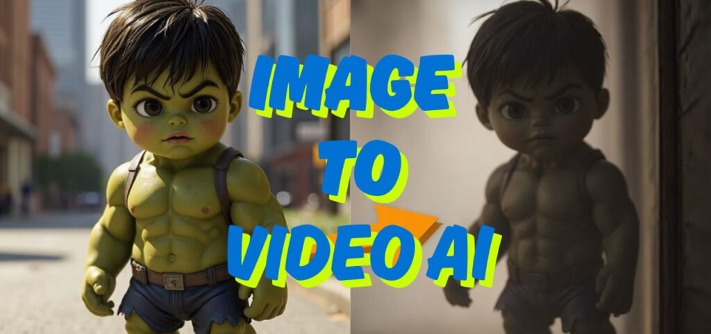 A muscular toy figure stands confidently on a city street, with vibrant graphics overlaying the image promoting "Image to Video AI."