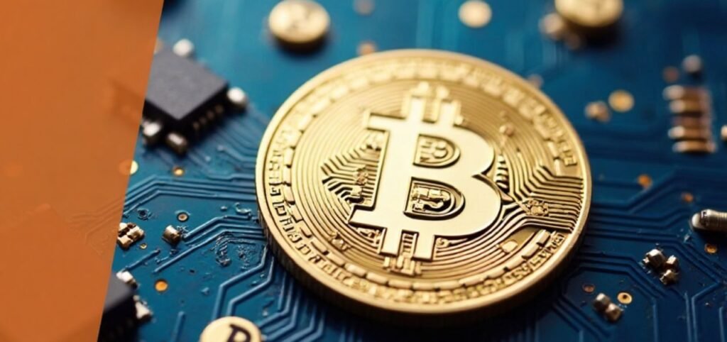 Bitcoin 1 Close-up of a shiny gold Bitcoin logo on a blue circuit board background, representing cryptocurrency technology and digital finance.