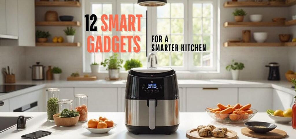 A modern kitchen with an air fryer on the counter, surrounded by fresh vegetables and fruits, featuring text promoting 12 smart gadgets for a smart kitchen.