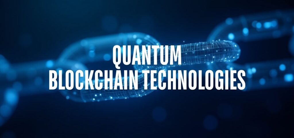 QBT Graphic of interconnected digital chains with the text "Quantum Blockchain Technologies" in bold white font over a blue background.