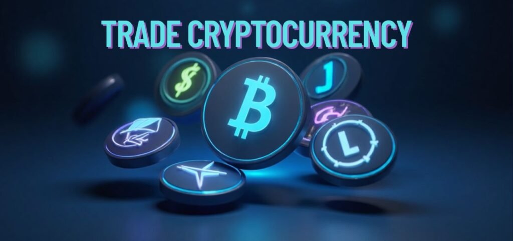 Stylized cryptocurrency coins floating against a dark background, with the phrase "Trade Cryptocurrency" prominently displayed above.