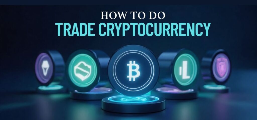 Illuminated cryptocurrency coins, including Bitcoin, on a dark background with the title "How to Do Trade Cryptocurrency" above them.