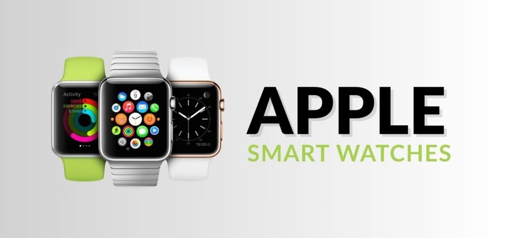 Three Apple smart watches display different features, including health tracking and apps, beside bold text reading "Apple Smart Watches."