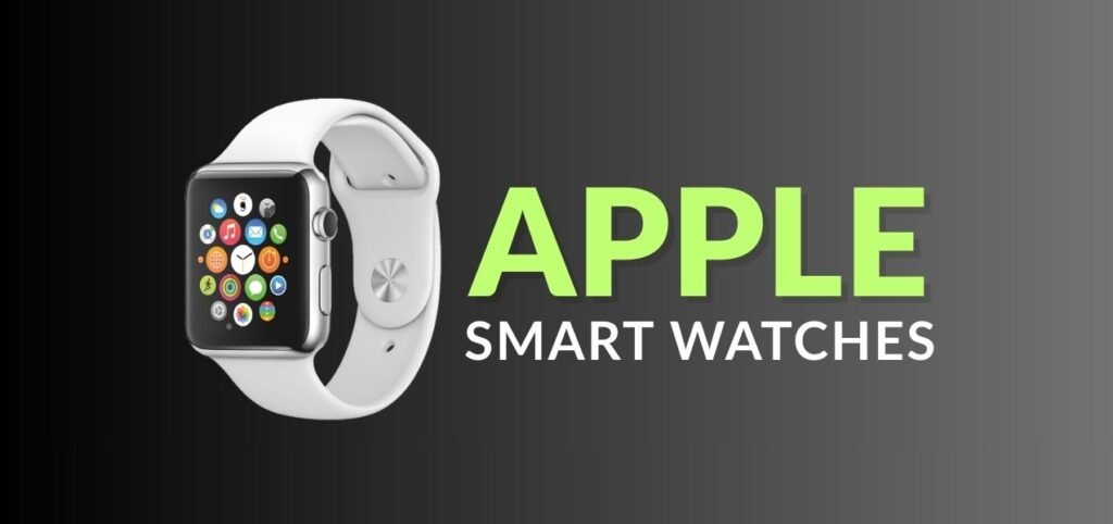 An Apple smartwatch with a white band displays colorful app icons against a gradient black background, showcasing modern technology.