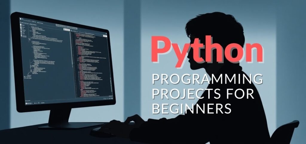Silhouette of a person sitting in front of a computer screen displaying Python code, with text "Python Programming Projects for Beginners."