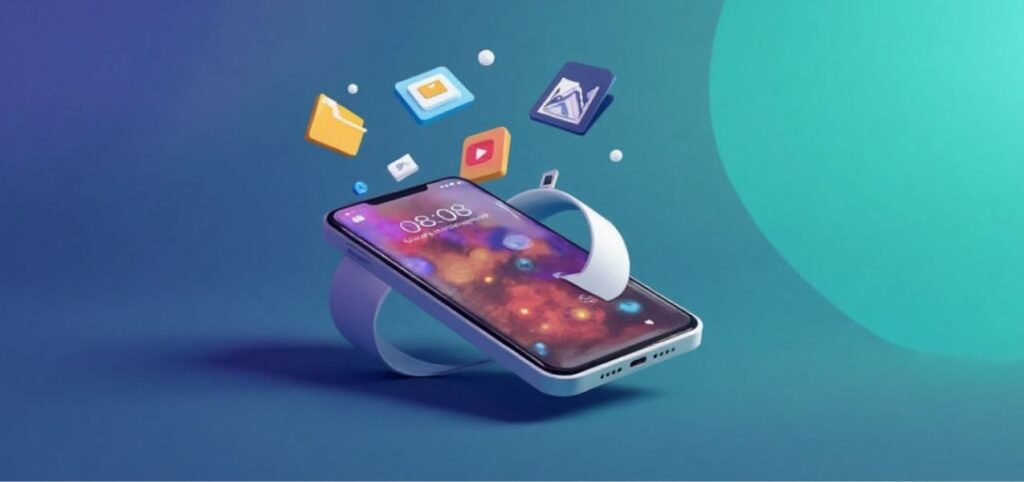 A smartphone with app icons and folders floating above its screen, set against a blue and teal gradient background.