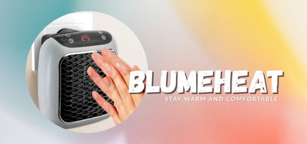 A hand reaches towards a compact heater displaying a temperature of 25°C, promoting warmth and comfort. Blumeheat branding featured.