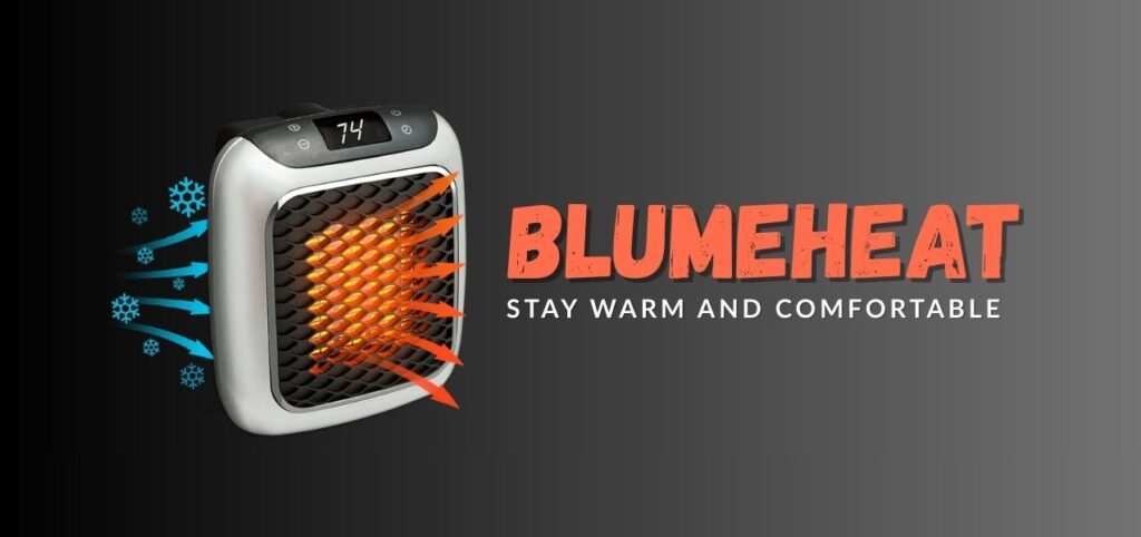 Compact space heater with digital display, blowing warm air, surrounded by graphics of warmth and cold, promoting comfort and warmth.