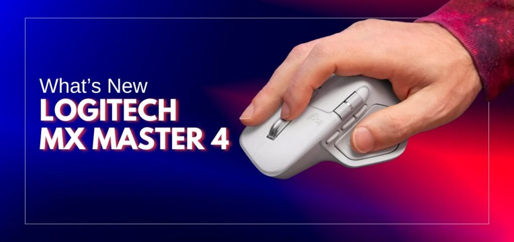 A hand holding the Logitech MX Master 4 mouse, with bold text announcing "What's New" against a vibrant background.