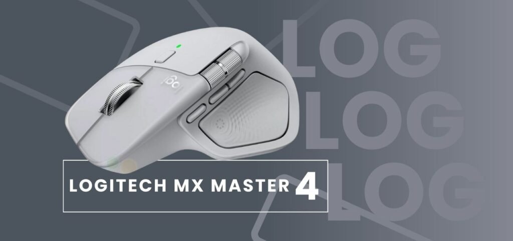 A Logitech MX Master 4 mouse on a grey background, featuring a smooth design, scroll wheel, and customizable buttons.
