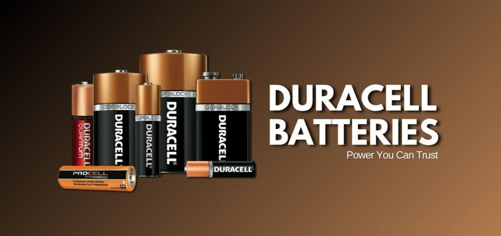 An assortment of Duracell batteries in various sizes, showcasing the brand's logo and tagline, "Power You Can Trust," on a gradient background.