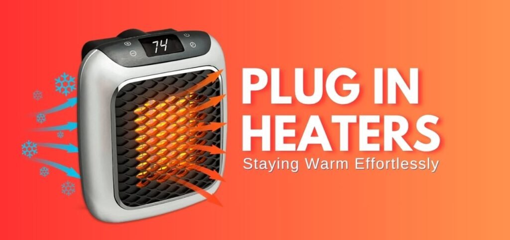 A compact plug in heater displaying a temperature of 74°F, radiating warmth against a bright orange background with snowflake graphics.