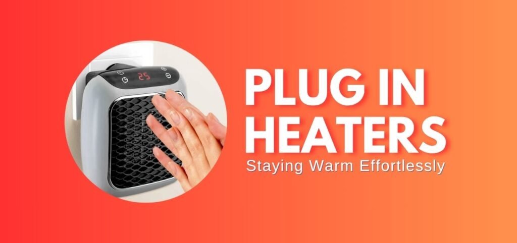 A person warming their hands near a compact plug in heater with a digital display, emphasizing effortless warmth. Bright orange background.