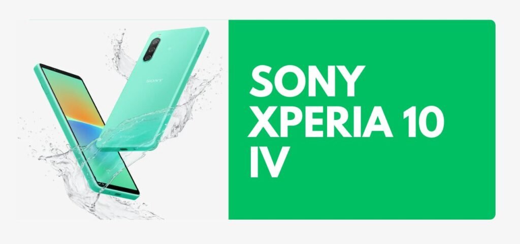A Sony Xperia 10 IV smartphone in mint green, splashing through water, showcased alongside bold product branding.