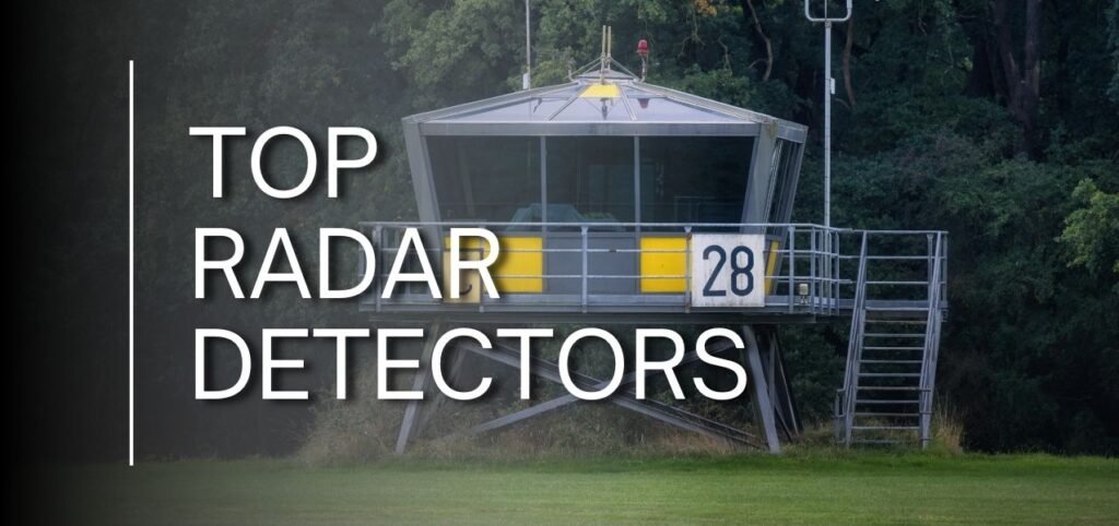 A radar control tower with a large glass enclosure, numbered 28, surrounded by trees and grass, emphasizing radar detection technology.