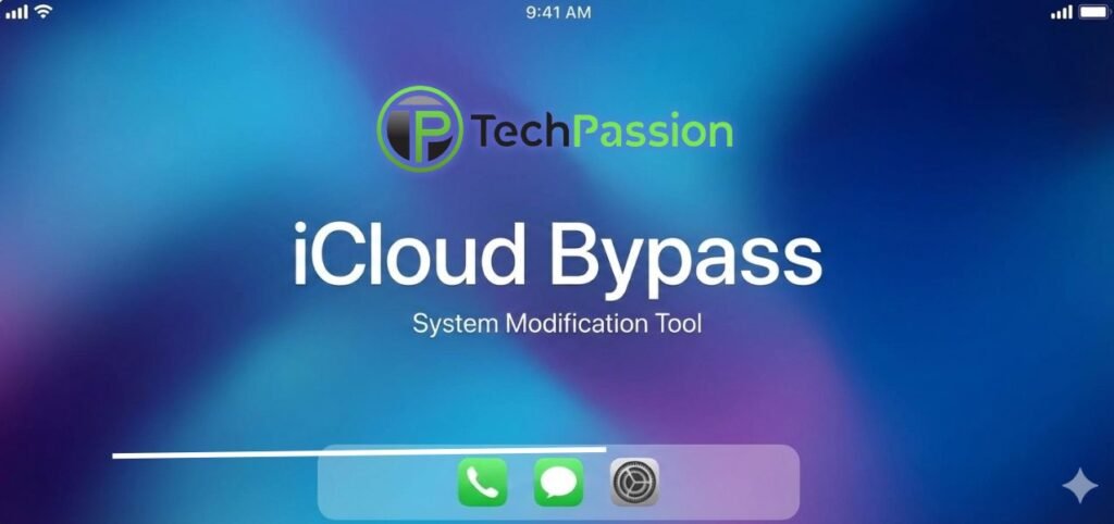 Screenshot of an iPhone home screen displaying "iCloud Bypass" and "System Modification Tool" by Tech Passion, against a colorful background.