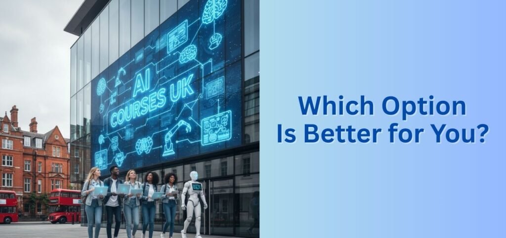 Group of individuals holding laptops in front of a modern building with a digital display promoting "AI Courses UK."