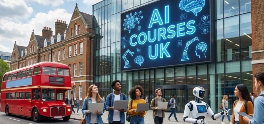 A red double-decker bus passes by a modern building displaying "AI Courses UK," with students engaging alongside a robotic figure.