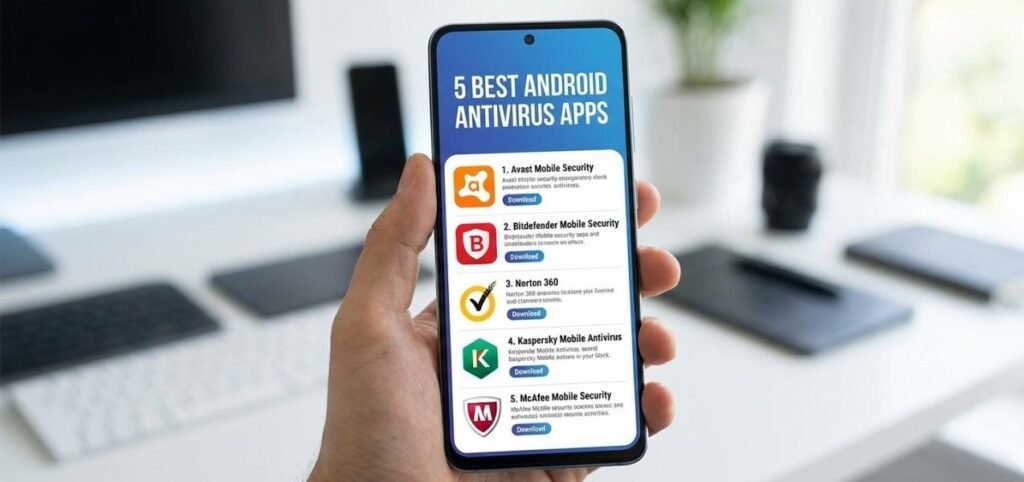 A person holds a smartphone displaying a list titled “5 Best Android Antivirus Apps” with app names, logos, and download buttons on the screen.