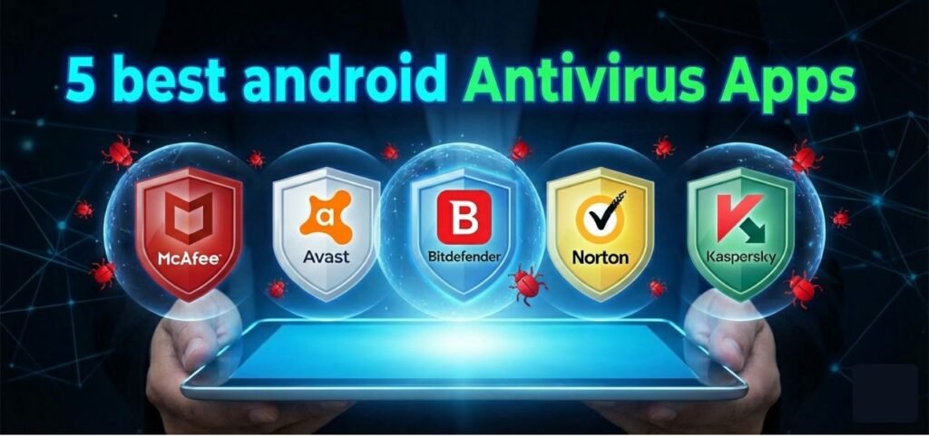 Image of five antivirus app logos on a smartphone, including McAfee, Avast, Bitdefender, Norton, and Kaspersky, with the text "5 best Android Antivirus Apps."