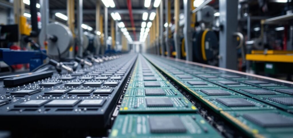 Rows of computer microchips on a conveyor belt in an electronics manufacturing facility.